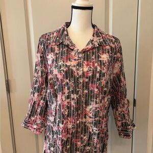 Christopher & Banks pink and grey patterned button down blouse size L